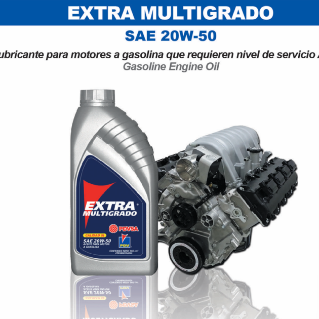 EXTRA MULTIGRADO SAE 20W-50 API SL PDV lubricante para motores a gasolina de automóviles, camionetas y vehículos livianos.