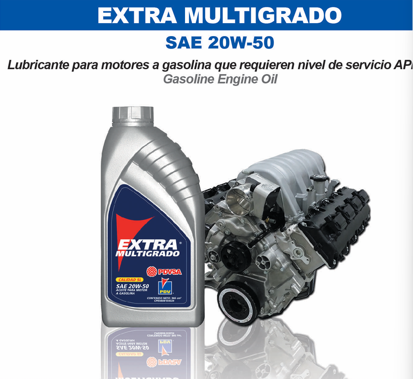 EXTRA MULTIGRADO SAE 20W-50 API SL PDV lubricante para motores a gasolina de automóviles, camionetas y vehículos livianos.